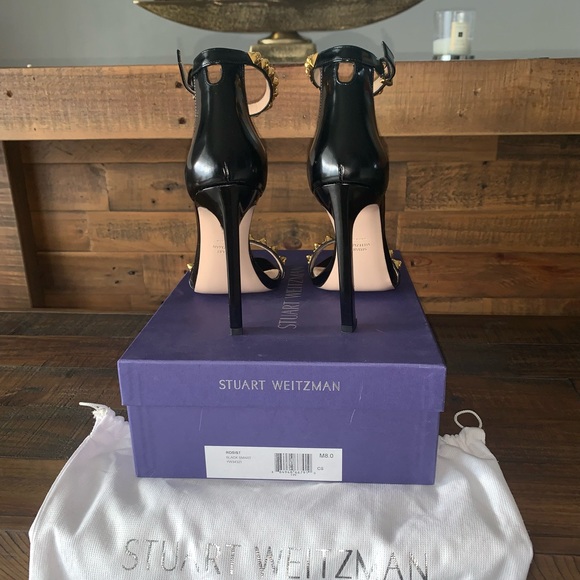 Stuart Weitzman Rosist Heeled Sandal Black w/ Gold Spikes - Size 8 - Picture 6 of 7